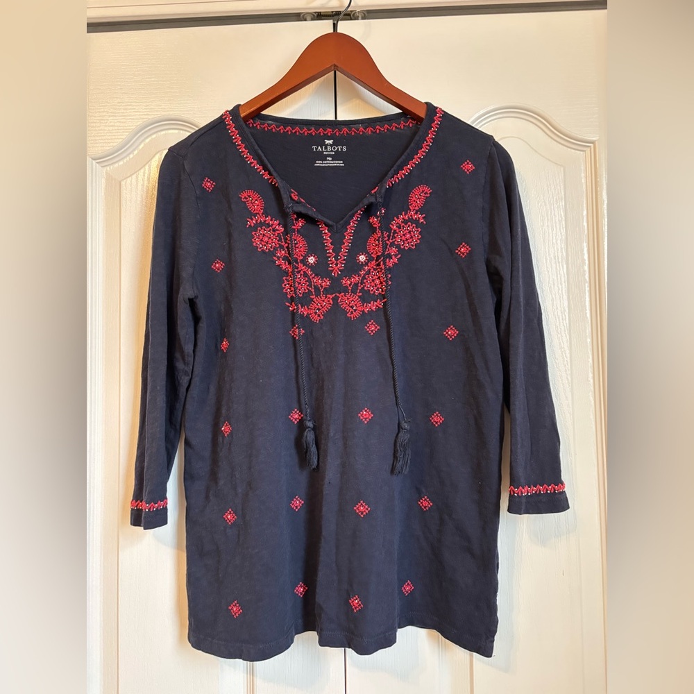 Talbots Boho Peasant Dark Blue Top with Red Embroidery
